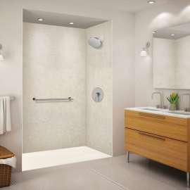 SMFZSR6032-32 Trimslate 60-in x 32-in Zero Threshold Tub Replacement Shower Base with End Drain, Cameo