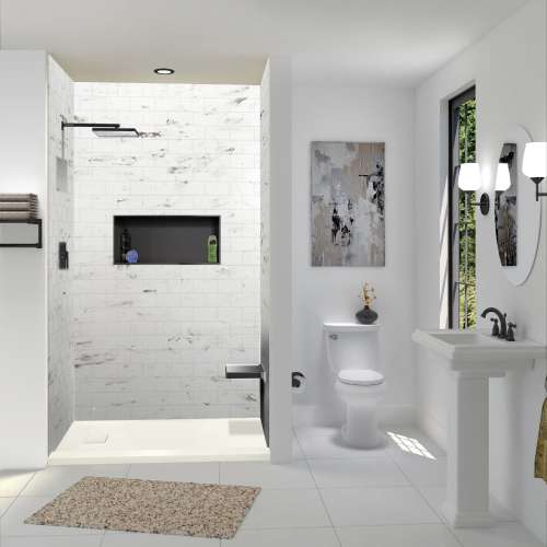 SMFZSTR6332-32 Trimslate 63-in x 32-in Tub Replacement Shower Base with Adjustable Single Threshold and End Drain, Cameo