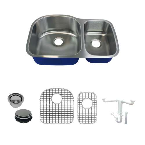 Samuel Müeller K-SMMUDD32219 Meridiana 32-In X 21-In X 9-In 16 Gauge Offset 75/25 Double Bowls Undermount Stainless Steel Kitchen Sink Kit With Smaller Bowl On Right Side, Bottom Sink Grid, Flip-Top Sink Strainer, And Sink Drain Installation Kit