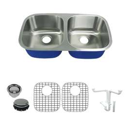 K-SMMUDE32189 Meridiana 32-in x 18-in x 9-in 16 Gauge Equal Double Bowls Undermount Stainless Steel Kitchen Sink Kit With Bottom Sink Grids, Flip-Top Sink And Disposer Strainers, And Sink Drain Installation Kit