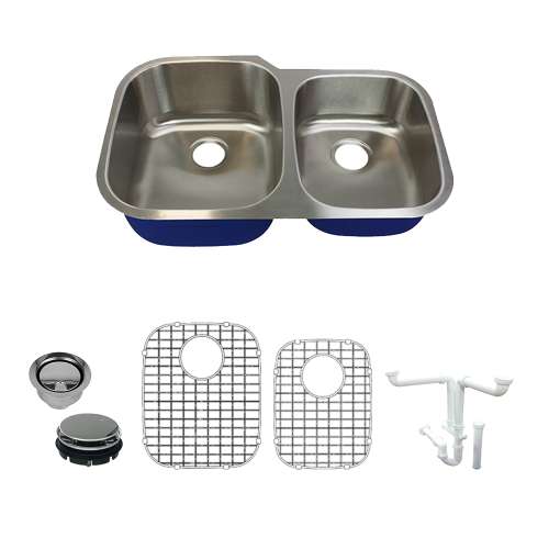 Samuel Müeller K-SMMUDO32219-0R Meridiana 32-In X 21-In X 9-In 16 Gauge Offset 60/40 Double Bowls Undermount Stainless Steel Kitchen Sink Kit With Smaller Bowl On Right Side, Bottom Sink Grid, Flip-Top Sink Strainer, And Sink Drain Installation Kit