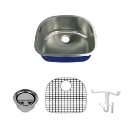 K-SMMUSB24219 Meridiana 24-in x 21-in x 9-in 16 Gauge D-Shape Single Bowl Undermount Stainless Steel Kitchen Sink Kit With Bottom Sink Grid, Flip-Top Sink Strainer, And Sink Drain Installation Kit