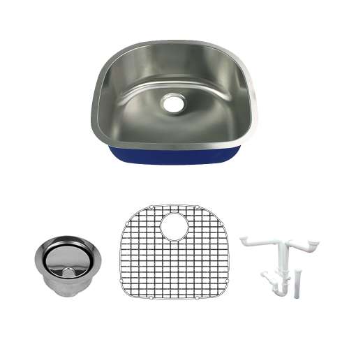 Samuel Müeller K-SMMUSB24219 Meridiana 24-In X 21-In X 9-In 16 Gauge D-Shape Single Bowl Undermount Stainless Steel Kitchen Sink Kit With Bottom Sink Grid, Flip-Top Sink Strainer And Sink Drain Installation Kit