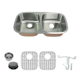 K-SMCUDE32185 Classica 32-in x 18-in x 5-in 18 Gauge Equal Double Bowls Undermount Stainless Steel ADA Kitchen Sink Kit With Bottom Sink Grids, Flip-Top Sink Strainer, Flip-Top Disposer Strainer, And Sink Drain Installation Kit