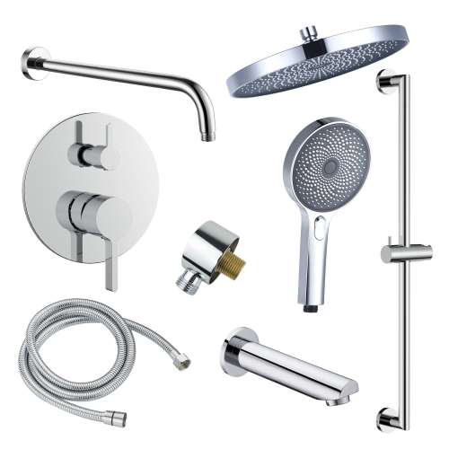 Samuel Müeller SMAPRK1610TH-3-PC Astra Three Function Round ADA Pressure Balance With Hand Shower On Bar Shower And Tub Set, Polished Chrome