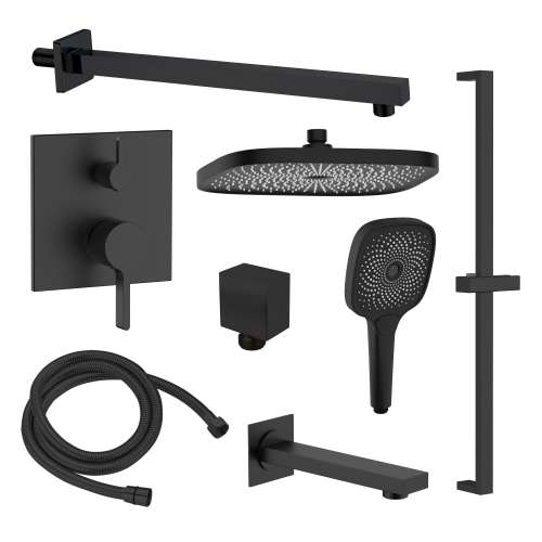 Samuel Müeller SMAPSK1610TH-3-MB Astra Three Function Square ADA Pressure Balance With Hand Shower On Bar Shower And Tub Set, Matte Black