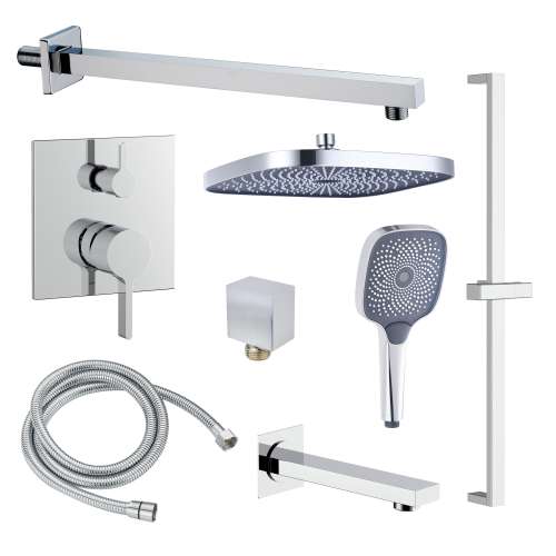 Samuel Müeller SMAPSK1610TH-3-PC Astra Three Function Square ADA Pressure Balance With Hand Shower On Bar Shower And Tub Set, Polished Chrome