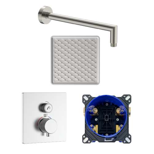 SMASTK1210-1-BN ArgoTherm Single Function Square Thermostatic Push Button Shower Set With 12-in Shower Arm, Brushed Nickel