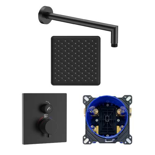 SMASTK1210-1-MB ArgoTherm Single Function Square Thermostatic Push Button Shower Set With 12-in Shower Arm, Matte Black