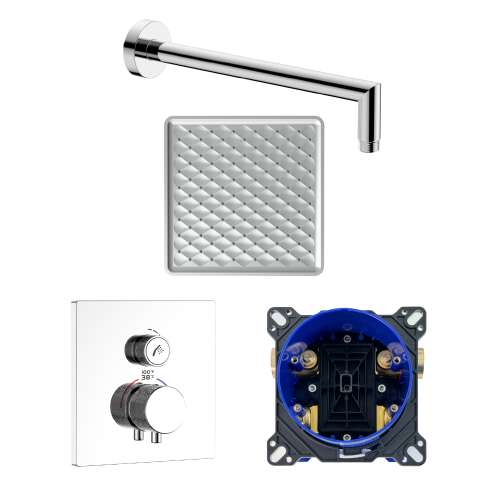 SMASTK1210-1-PC ArgoTherm Single Function Square Thermostatic Push Button Shower Set With 12-in Shower Arm, Polished Chrome