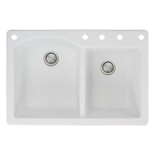 Samuel Müeller Adagio 33in x 22in silQ Granite Drop-in Double Bowl Kitchen Sink with 5 BACDE Faucet Holes, White
