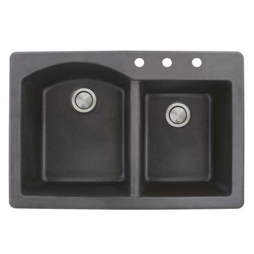 Samuel Müeller Adagio 33in x 22in silQ Granite Drop-in Double Bowl Kitchen Sink with 3 BCD Faucet Holes, Black