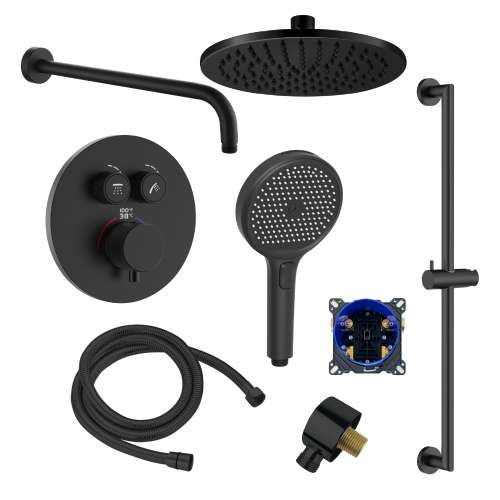 SMATRHK1612-2-MB ArgoTherm Two Function Round Thermostatic Push Button With Four Function Hand Shower On Bar Set, Matte Black