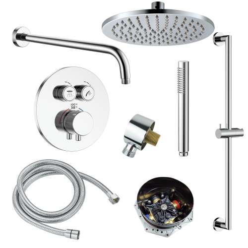 Samuel Müeller SMATRK1612HB-2-PC ArgoTherm Two Function Round Thermostatic Push Button With Hand Shower On Bar Set, Polished Chrome