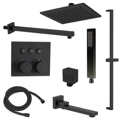 Samuel Müeller SMATSK1612TH-3-MB ArgoTherm Three Function Square Thermostatic Push Button With Hand Shower On Bar Shower And Tub Set, Matte Black