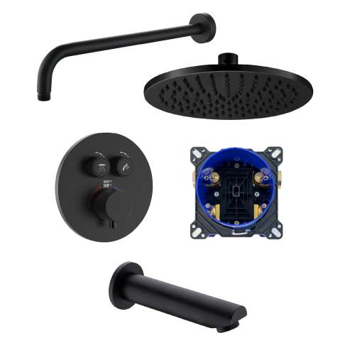 SMATSRK1612-2-MB ArgoTherm Two Function Round Thermostatic Push Button Shower and Tub Set, Matte Black