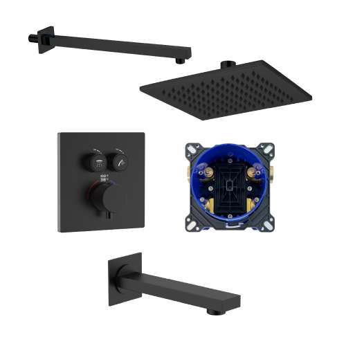 SMATSSK1612-2-MB ArgoTherm Two Function Square Thermostatic Push Button Shower and Tub Set, Matte Black