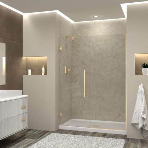 Samuel Müeller SMEHTB575277610C-BK-CB Ethan 57.5-in W x 76-in H Hinged Shower Door in Champagne Bronze with Clear Glass