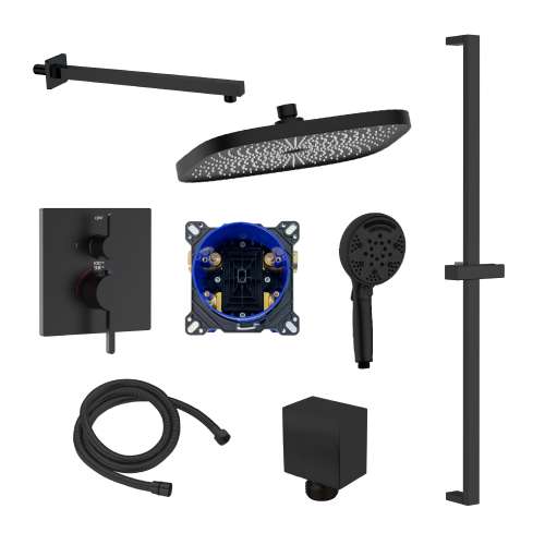 SMFTSHK1610-2-MB FlowStat Two Function Square ADA Thermostatic With Nine Function Hand Shower on Bar Set, Matte Black