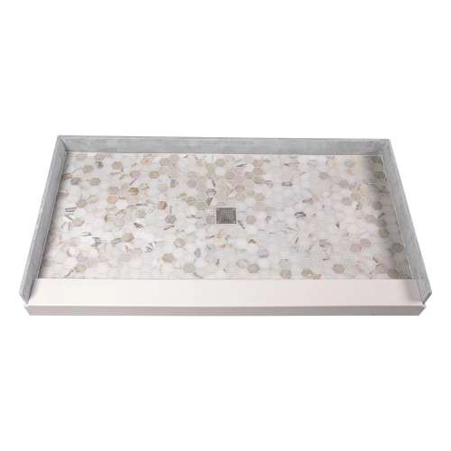 60-in x 36-in Genuine Marble Tiled Shower Base with Center Drain, Hexagon Off-White Pattern