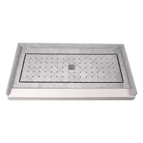 Samuel Mueller 60-in x 32-in Genuine Marble Tiled Shower Base with Center Drain, Square White Pattern