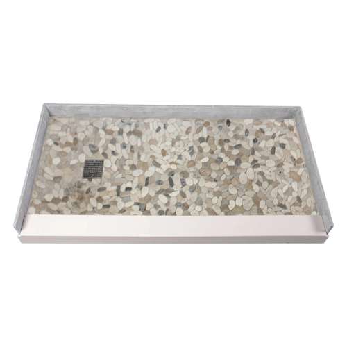60-in x 32-in Genuine Marble Tiled Shower Base with Left Hand Drain, Pebble Creme Pattern
