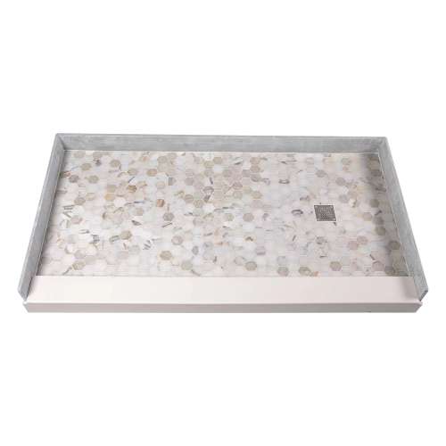 Samuel Mueller 60-in x 32-in Genuine Marble Tiled Shower Base with Right Hand Drain, Hexagon Off-White Pattern
