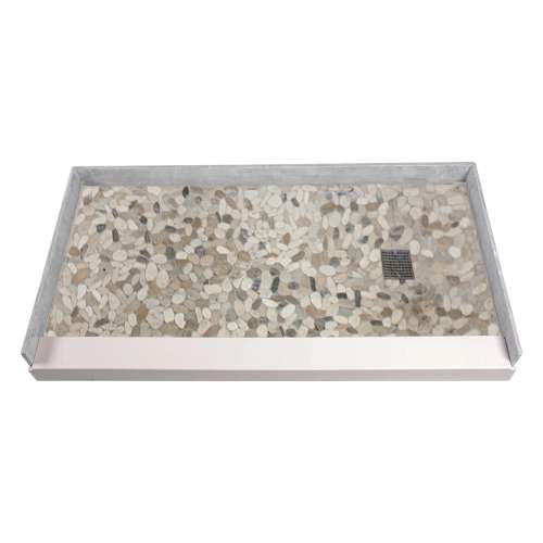 60-in x 36-in Genuine Marble Tiled Shower Base with Right Hand Drain, Pebble Creme Pattern