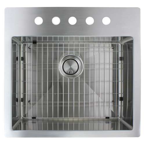 SMDTSB232210-5 Diamante 23-in x 22-in x 10-in 16 Gauge Single Bowl Micro Dual Mount Stainless Steel Kitchen Sink With 5 Faucet Holes, Bottom Sink Grid And Flip-Top Sink Strainer