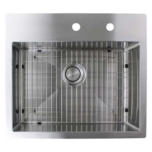 Samuel Müeller SMDTSB252210-FR2 Diamante 25-in x 22-in x 10-in 16 Gauge Single Bowl Micro Dual Mount Stainless Steel Kitchen Sink With FR2 Faucet Holes, Bottom Sink Grid And Flip-Top Sink Strainer