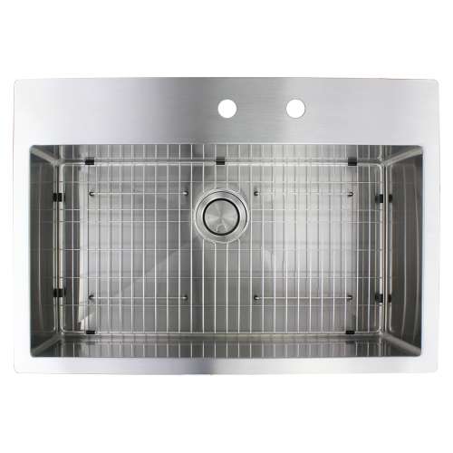 Samuel Müeller SMDTSS322210-FR2 Diamante 32-in x 22-in x 10-in 16 Gauge Super Single Bowl Micro Dual Mount Stainless Steel Kitchen Sink With FR2 Faucet Holes, Bottom Sink Grid And Flip-Top Sink Strainer