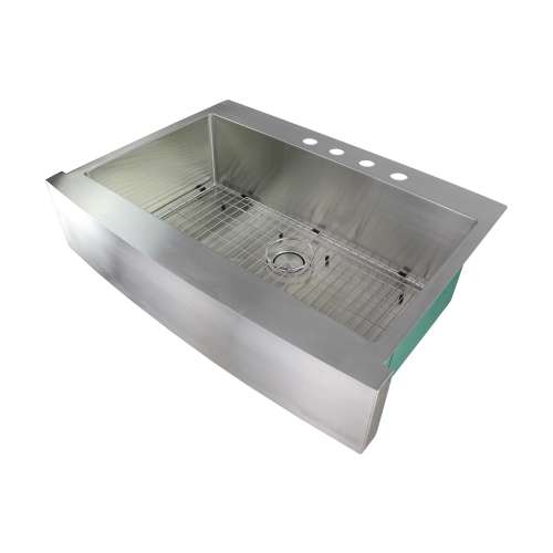 Samuel Müeller SMDTSSF362510-4 Diamante 36-In X 25-In X 10-In 16 Gauge Super Single Bowl Farmhouse Micro Dual Mount Stainless Steel Kitchen Sink With 4 Faucet Holes And 8.25-In High Curved Apron Front