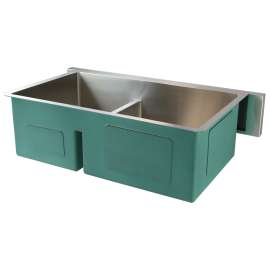 SMDUDOF362010 Diamante 36-in x 20-in x 10-in 16 Gauge 60/40 Double Bowls Farmhouse Undermount Stainless Steel Kitchen Sink With 6.63-in High Apron Front, Bottom Sink Grids, Flip-Top Sink Strainer, And Flip-Top Disposer Strainer