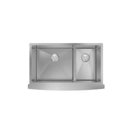 SMDUDOF362210 Diamante 36-in x 22-in x 10-in 16 Gauge 60/40 Double Bowls Farmhouse Undermount Stainless Steel Kitchen Sink With 10-in High Curved Apron Front, Low Divide, Sink Grids, Flip-Top Sink Strainer, And Flip-Top Disposer Strainer