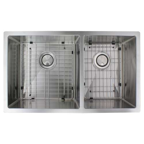 Samuel Müeller SMDUDOT321910-14 Diamante 32-in x 19-in x 10-in 14 Gauge 60/40 Double Tapered Bowls Undermount Stainless Steel Kitchen Sink With Bottom Sink Grids, Flip-Top Sink Strainer, And Flip-Top Disposer Strainer