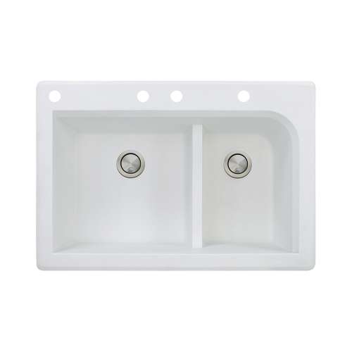 Samuel Müeller Renton 33in x 22in silQ Granite Drop-in Double Bowl Kitchen Sink with 4 CABE Faucet Holes, White