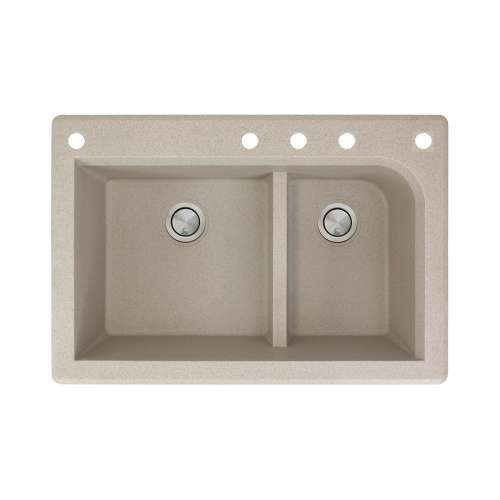 Samuel Müeller Renton 33in x 22in silQ Granite Drop-in Double Bowl Kitchen Sink with 5 CADEF Faucet Holes, Cafe Latte
