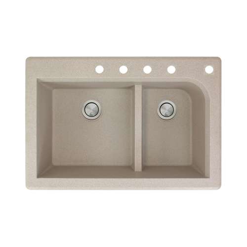 Samuel Müeller Renton 33in x 22in silQ Granite Drop-in Double Bowl Kitchen Sink with 5 CBDEF Faucet Holes, Cafe Latte