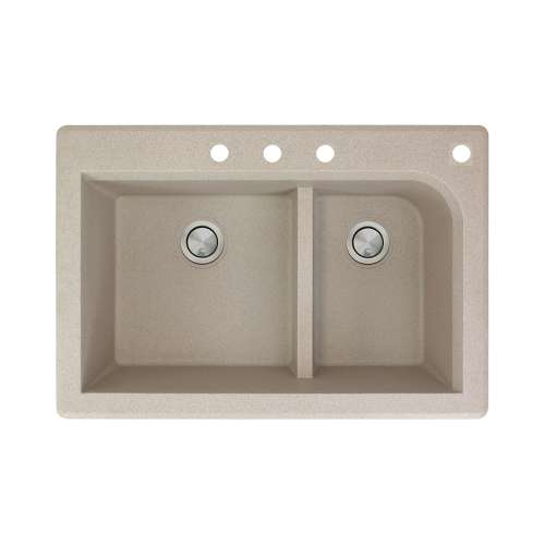 Samuel Müeller Renton 33in x 22in silQ Granite Drop-in Double Bowl Kitchen Sink with 4 CBDF Faucet Holes, Cafe Latte