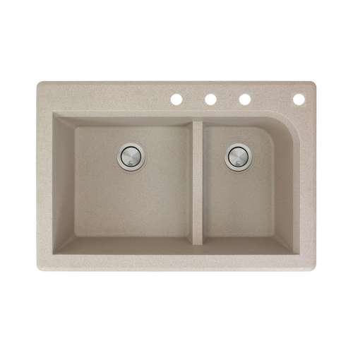 Samuel Müeller Renton 33in x 22in silQ Granite Drop-in Double Bowl Kitchen Sink with 4 CDEF Faucet Holes, Cafe Latte