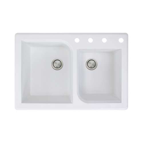 Samuel Müeller Renton 33in x 22in silQ Granite Drop-in Double Bowl Kitchen Sink with 4 ABCD Faucet Holes, White