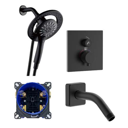 SMTPAXS-MB ArgoTherm Single Function Square Thermostatic Push Button With Magnetic Docking Hand Showerhead Set, Matte Black