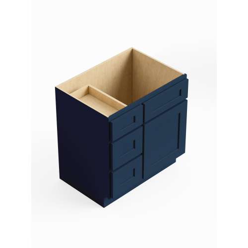 SMV3021DL-RTA-FR01-NB Framington 30-in x 21-in x 35-in Ready To Assemble Remington Vanity Combo Base Cabinet With Three Drawers on Left, Navy Blue